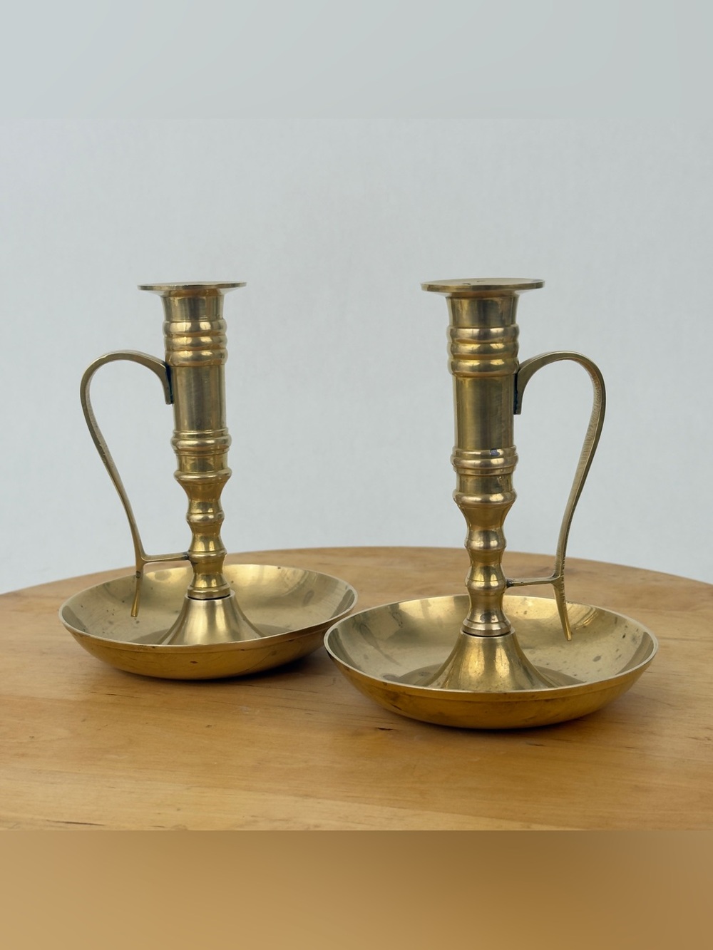Mid 20th Century Pair of Brass Chamberstick Candle Holders w Handle & Drip Tray